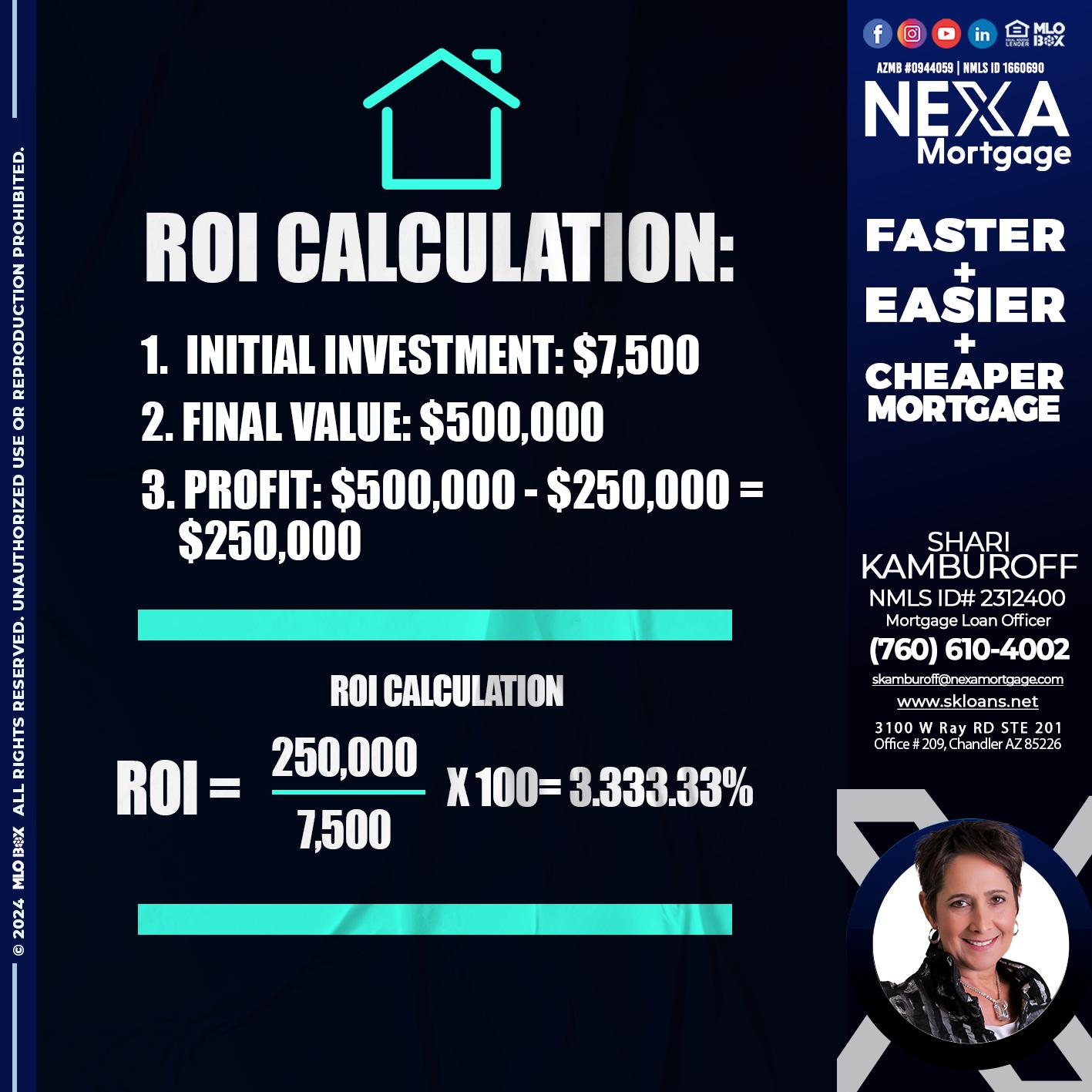 ROI CALCULATION - Shari Kamburoff -Mortgage Loan Officer